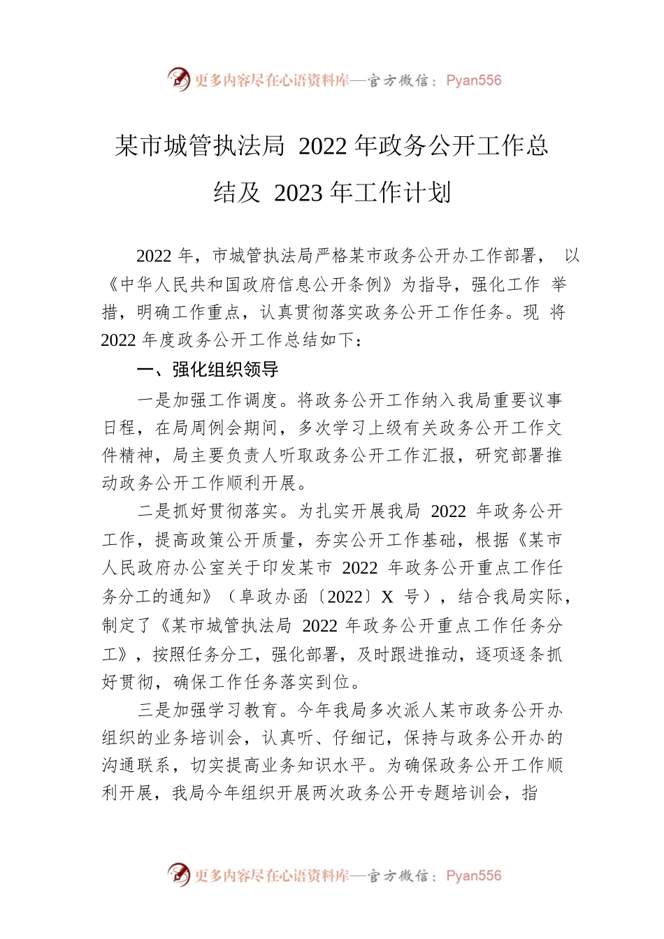 阜阳市城管执法局2022年政务公开工作总结及2023年工作计划（20221219）.docx_第1页