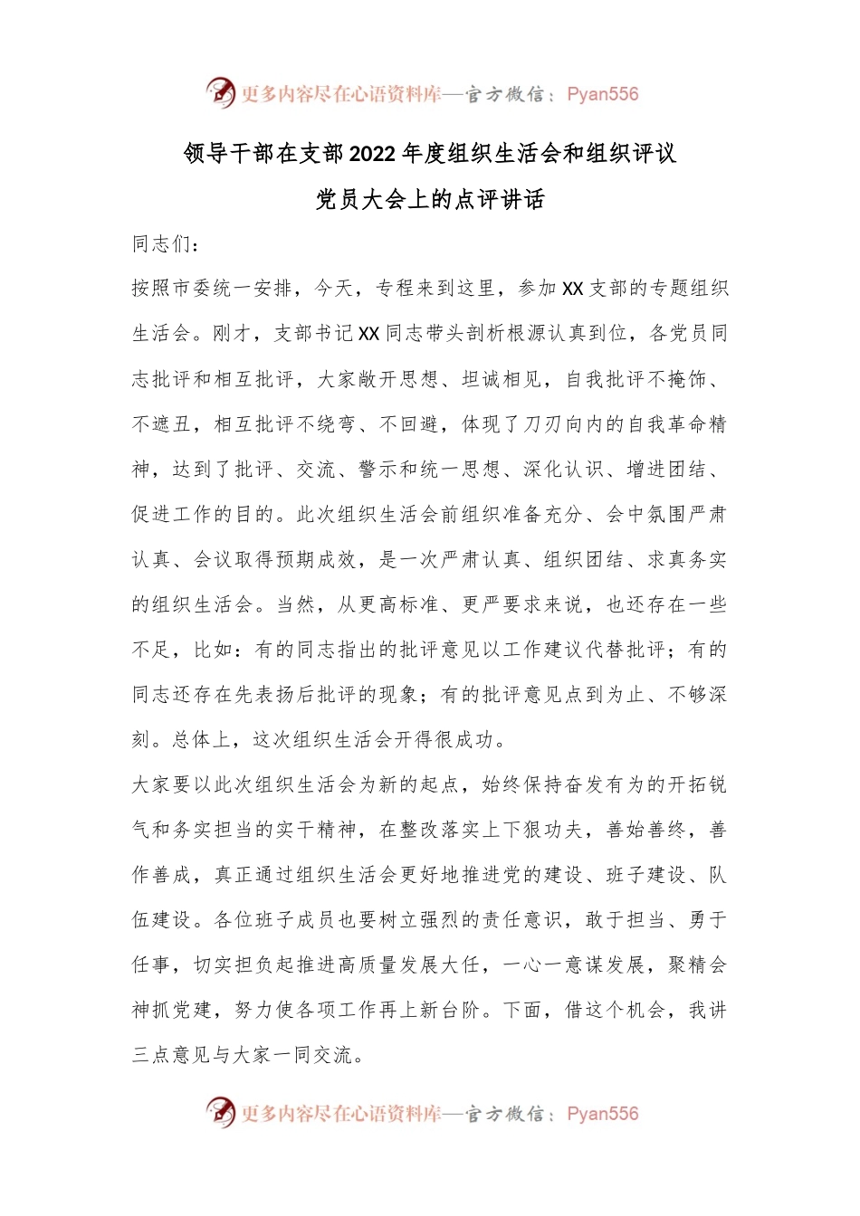 领导干部在支部2022年度组织生活会和组织评议党员大会上的点评讲话.docx_第1页