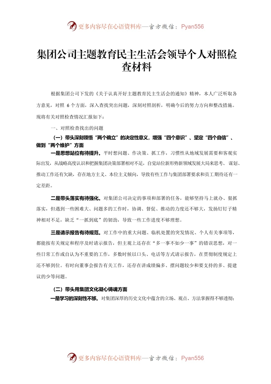 集团公司主题教育民主生活会领导个人对照检查材料.docx_第1页