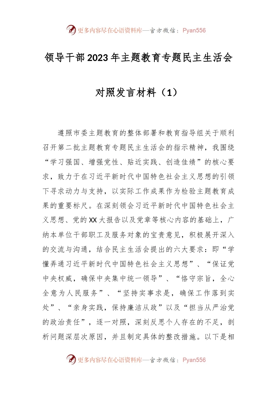 领导干部2023年主题教育专题民主生活会对照发言稿材料（1）.docx_第1页