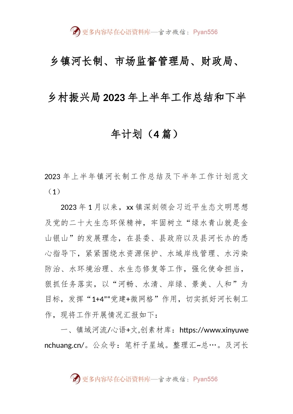 （4篇）乡镇河长制、市场监督管理局、财政局、乡村振兴局2023年上半年工作总结和下半年计划.docx_第1页