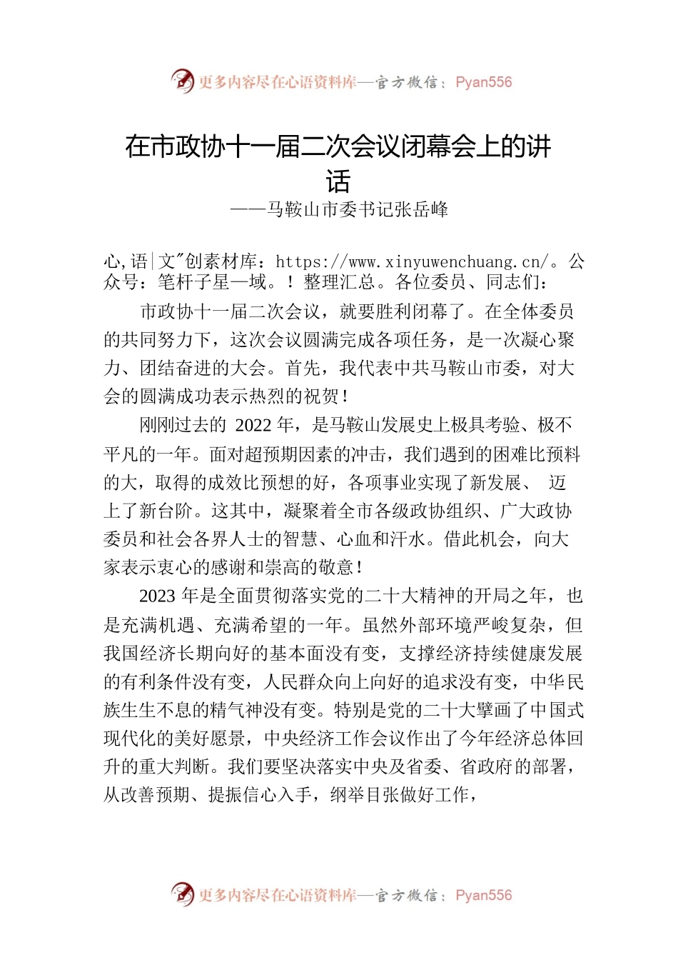 马鞍山市委书记张岳峰在市政协十一届二次会议闭幕会上的讲话（20230101）.docx_第1页