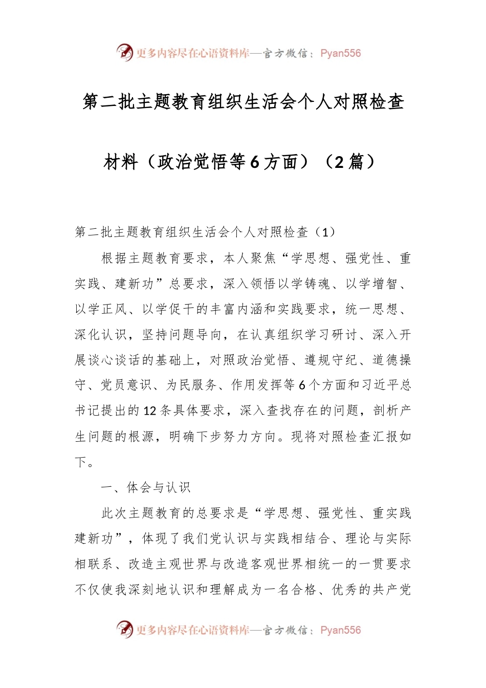 （2篇）第二批主题教育组织生活会个人对照检查材料（政治觉悟等6方面）.docx_第1页