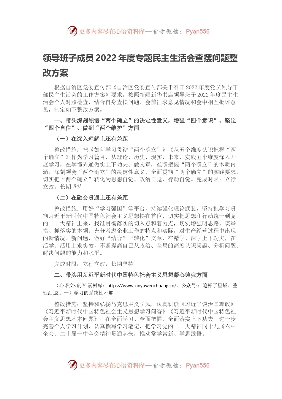 领导班子成员2022年度专题民主生活会查摆问题整改方案.docx_第1页