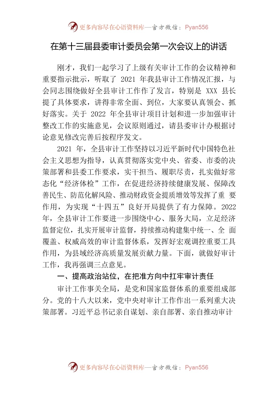 在第十三届县委审计委员会第一次会议上的讲话.docx_第1页