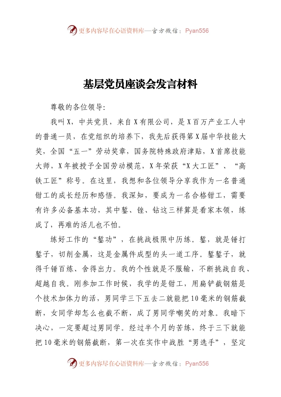 基层党员座谈会发言材料382002.docx_第1页