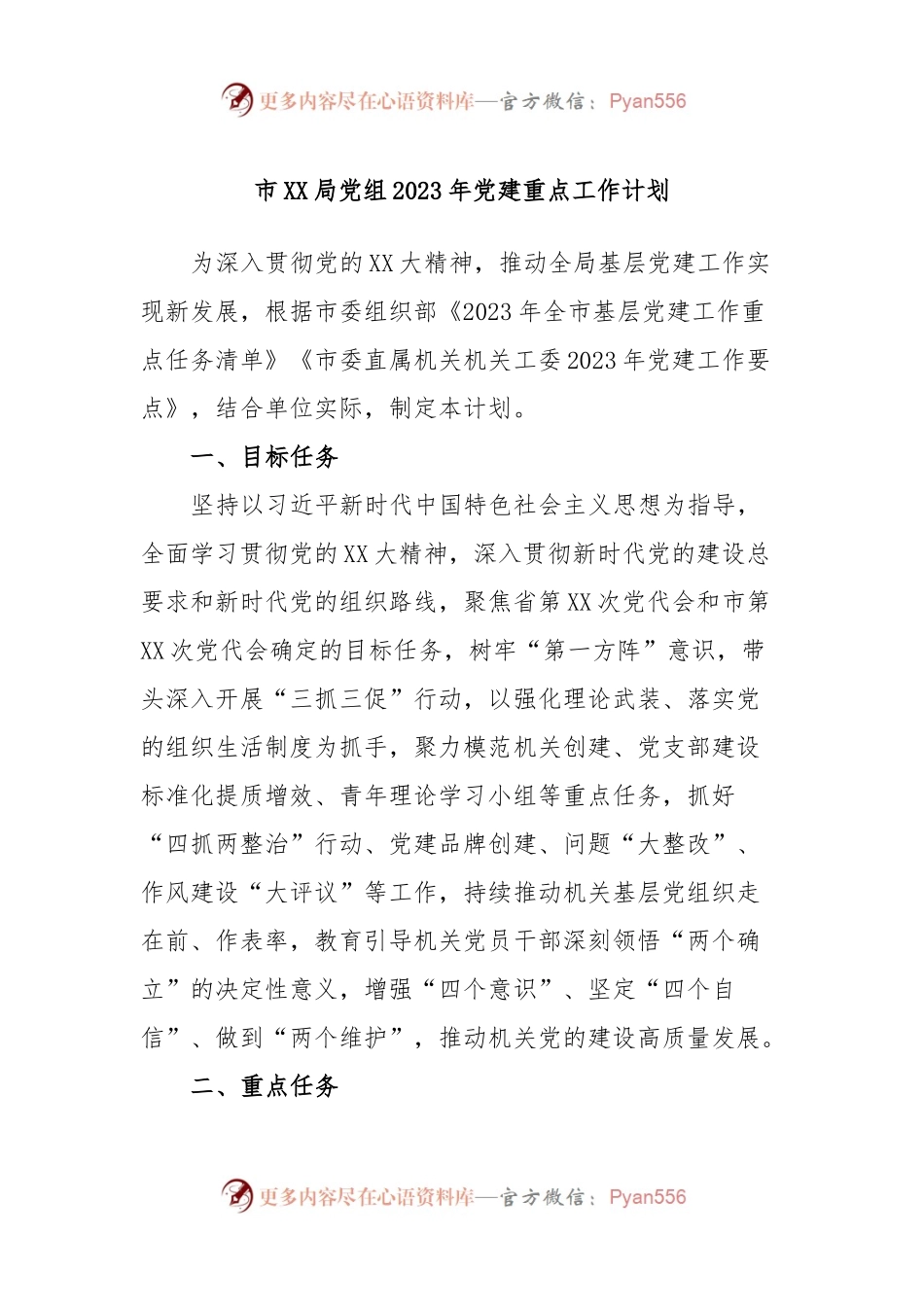 市XX局党组2023年党建重点工作计划.docx_第1页