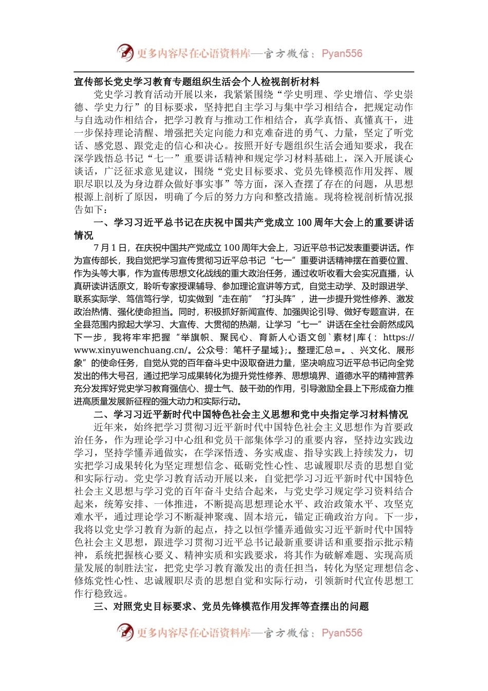 宣传部长党史学习教育专题组织生活会个人检视剖析材料（5）.docx_第1页