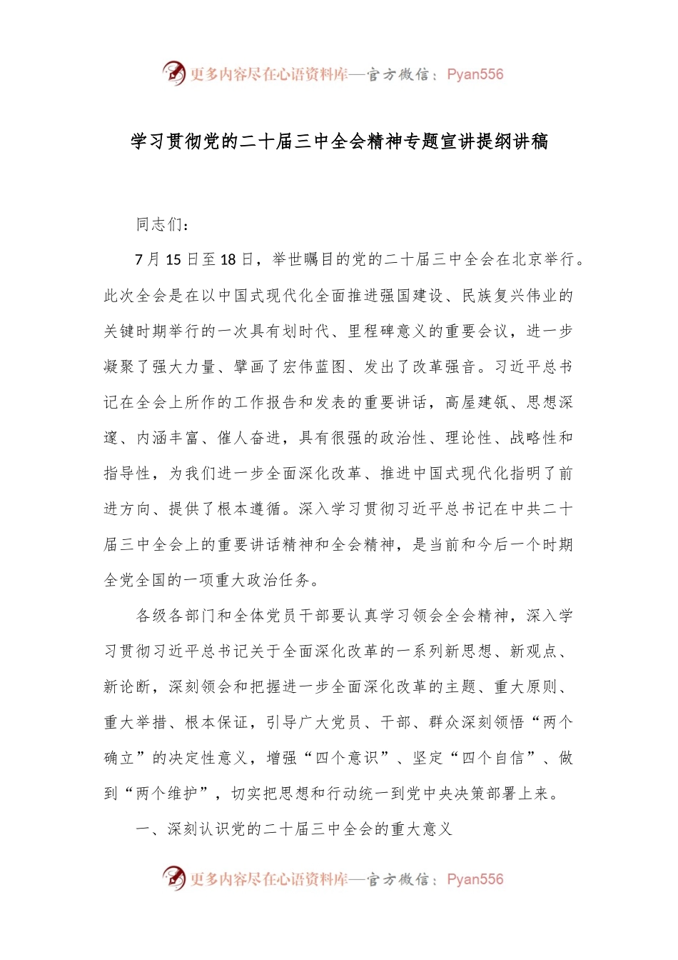 学习贯彻党的二十届三中全会精神专题宣讲提纲讲稿.docx_第1页