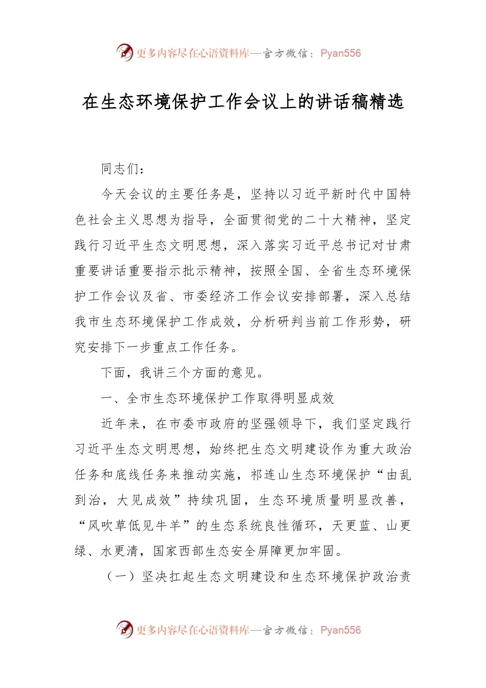 在生态环境保护工作会议上的讲话稿精选.docx_第1页