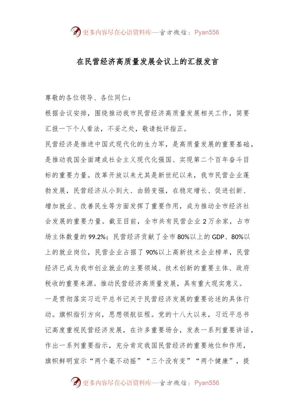 在民营经济高质量发展会议上的汇报发言.docx_第1页