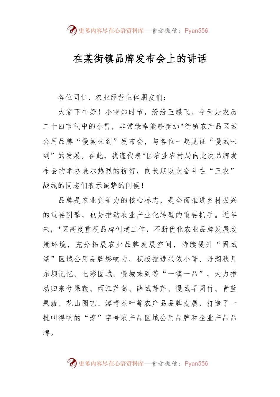 在某街镇品牌发布会上的讲话稿.docx_第1页