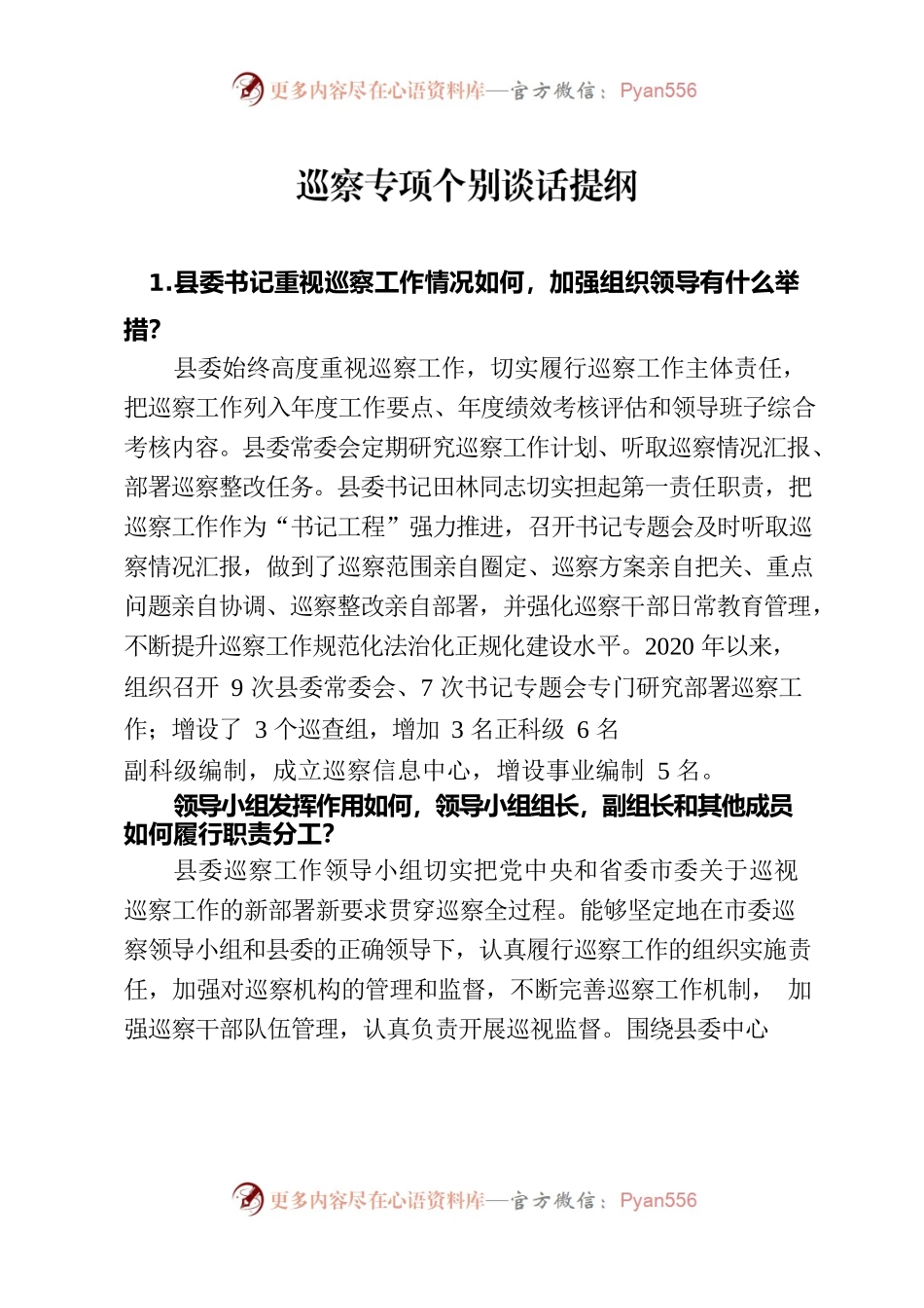 巡察专项个别谈话提纲.docx_第1页