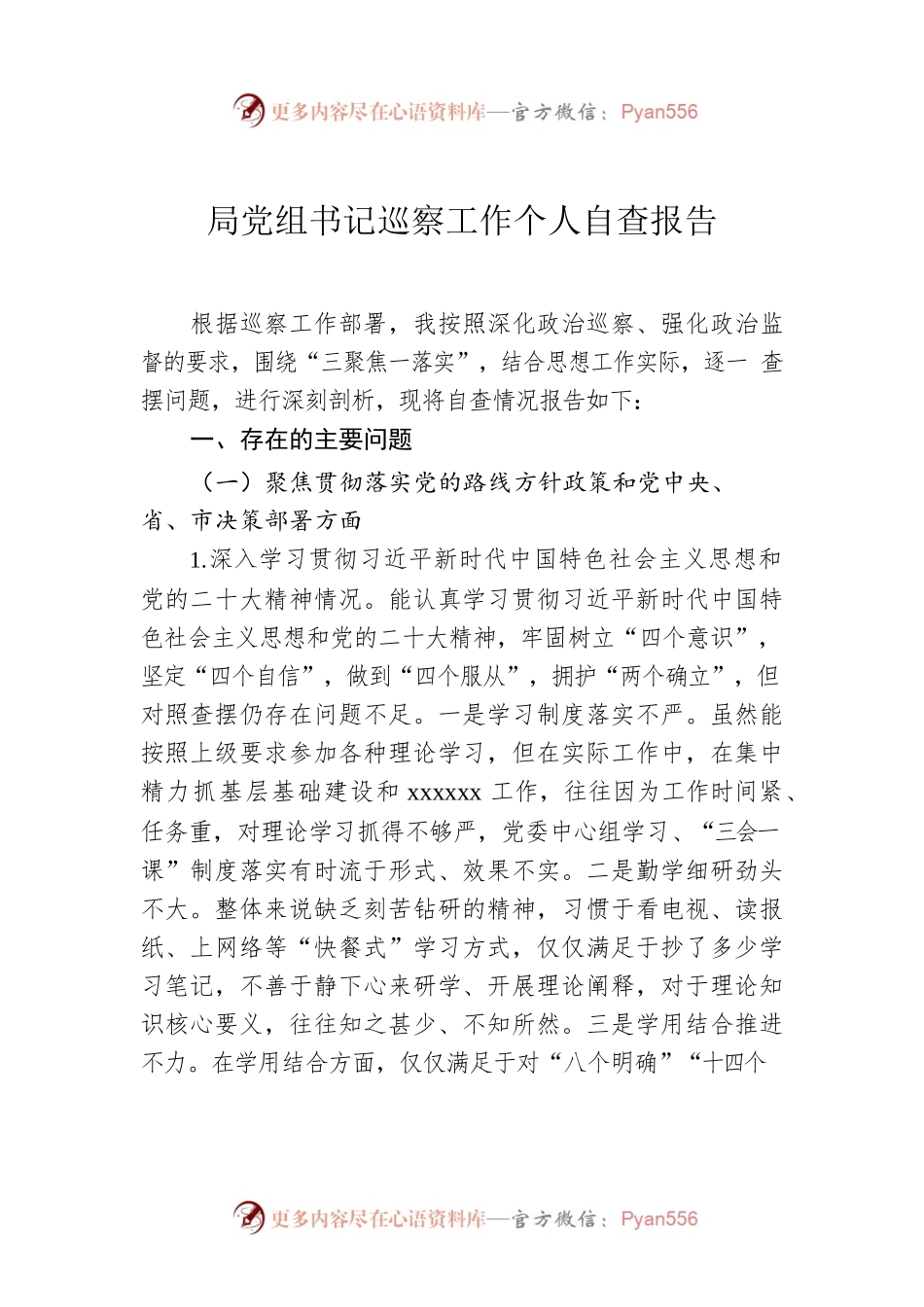 局党组书记巡察工作个人自查报告.docx_第1页