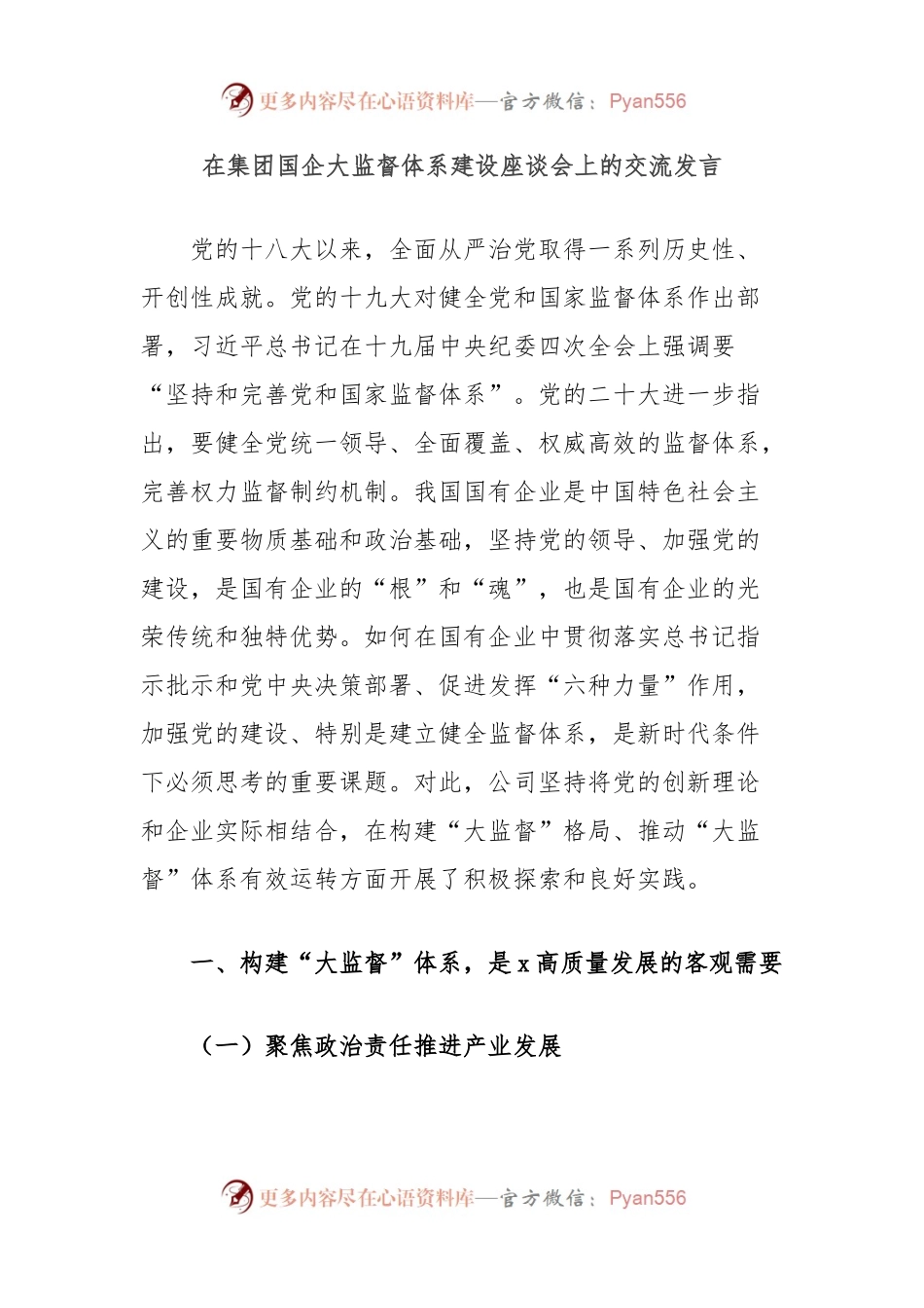 在集团国企大监督体系建设座谈会上的交流发言.docx_第1页