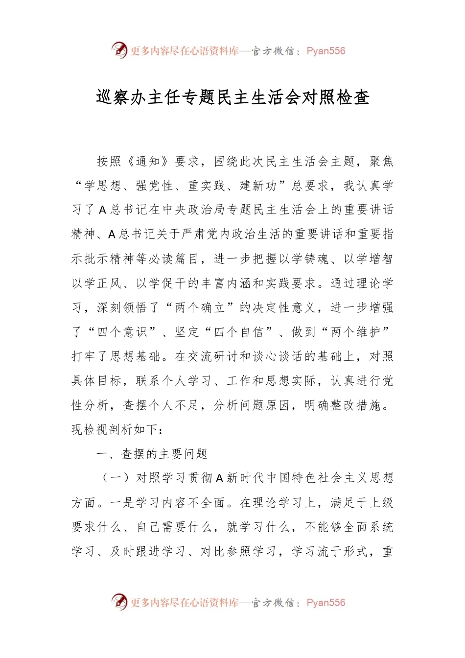 巡察办主任专题民主生活会对照检查.docx_第1页