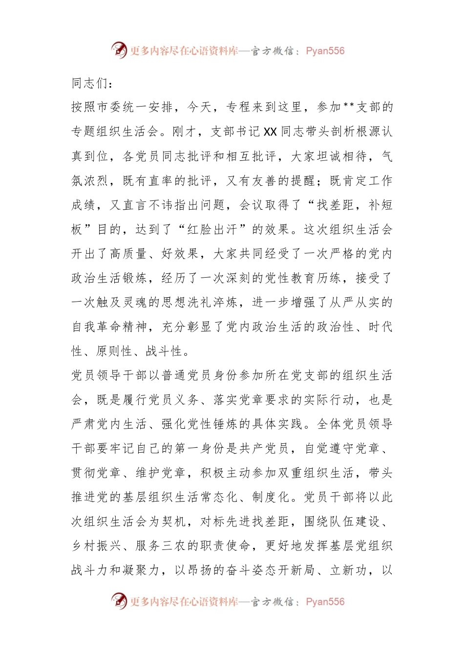 基层党支部组织生活会总结讲话.docx_第1页