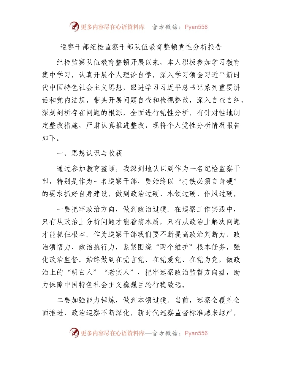 巡察干部纪检监察干部队伍教育整顿党性分析报告3700字（六方面个人检视剖析）.docx_第1页