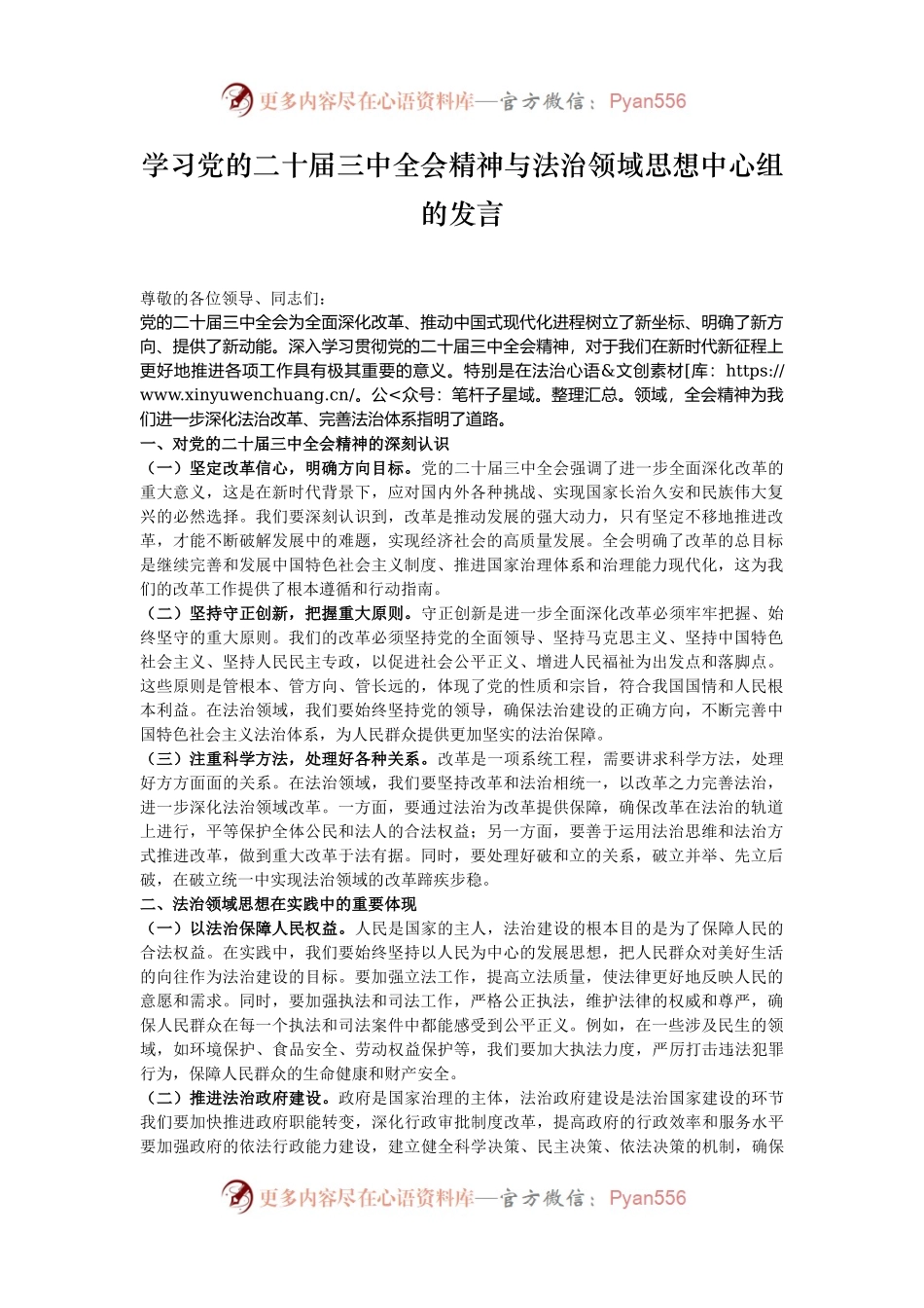 学习党的二十届三中全会精神与法治领域思想中心组的发言.docx_第1页