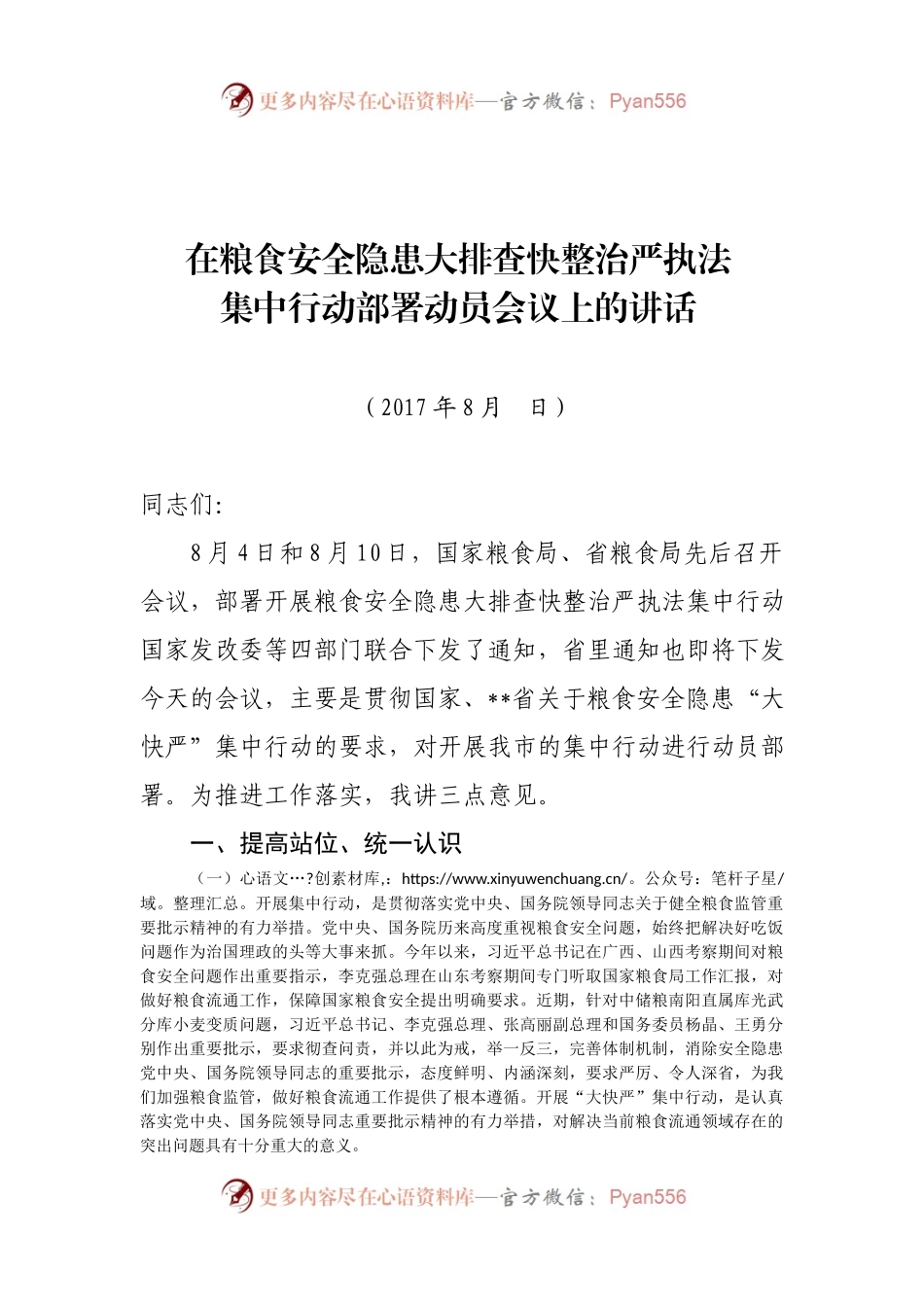 在粮食安全隐患大排查快整治严执法集中行动部署动员会议上的讲话.docx_第1页