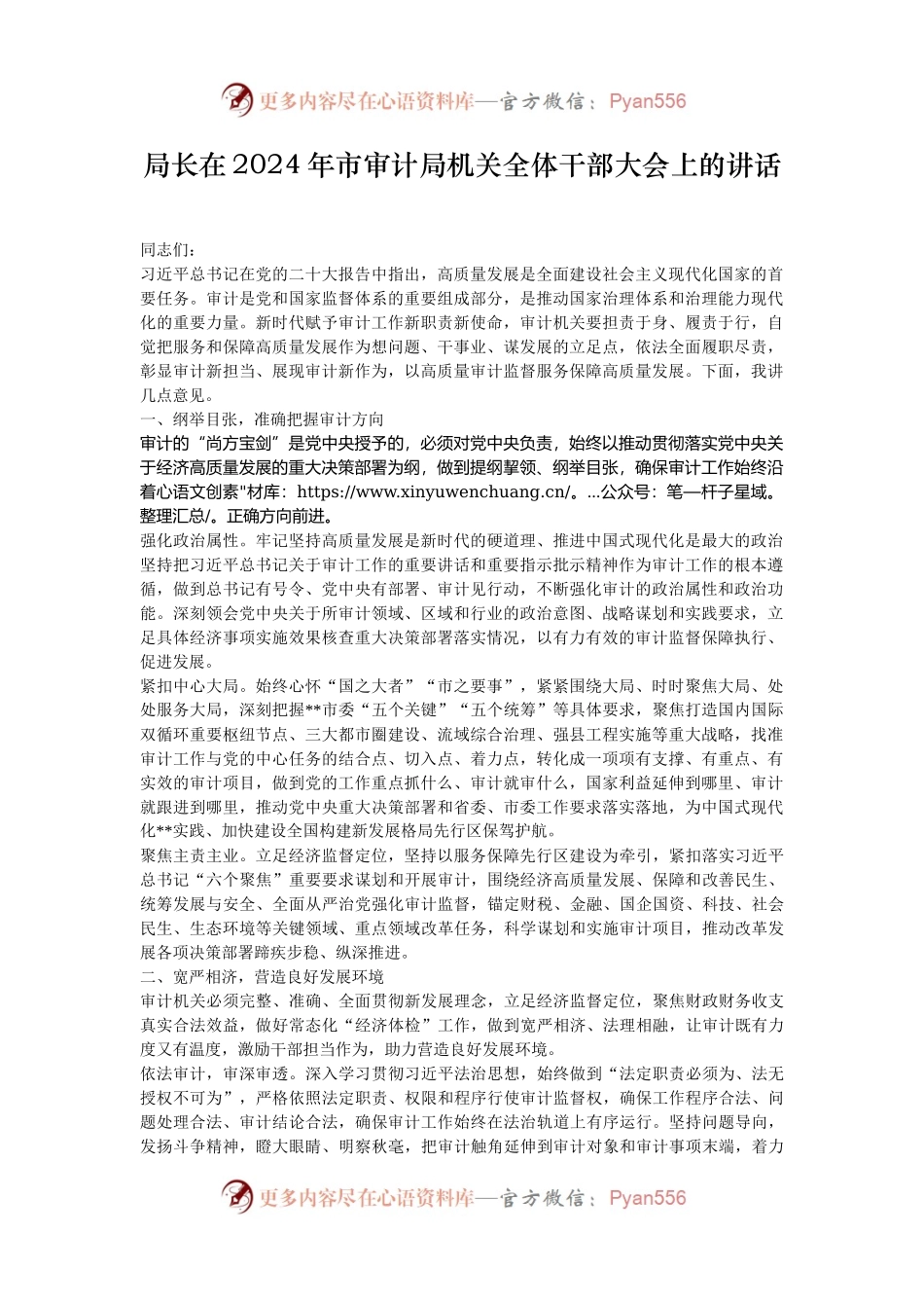 局长在2024年市审计局机关全体干部大会上的讲话.docx_第1页