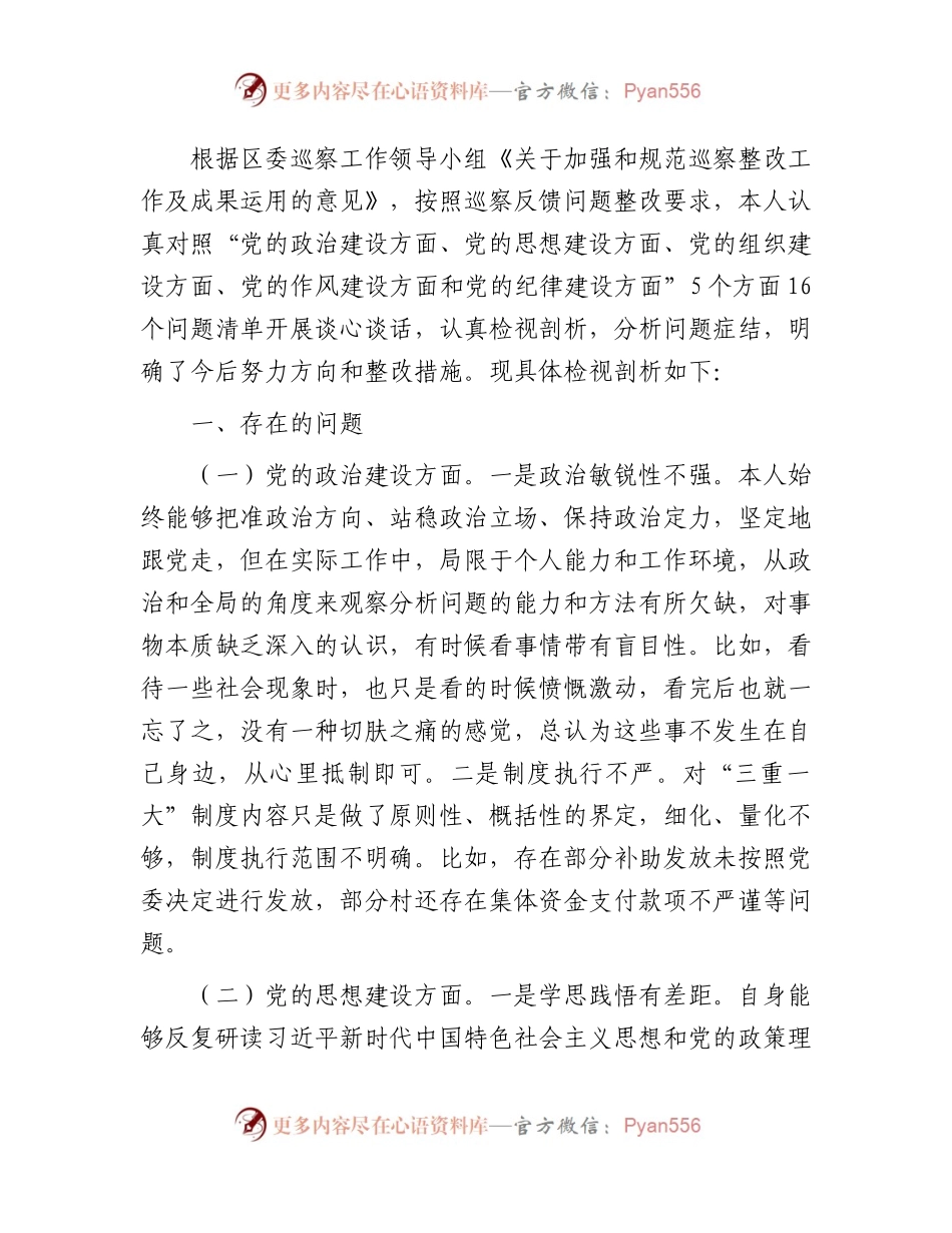 巡察反馈问题整改专民主生活会个人检视剖析3700字.docx_第1页