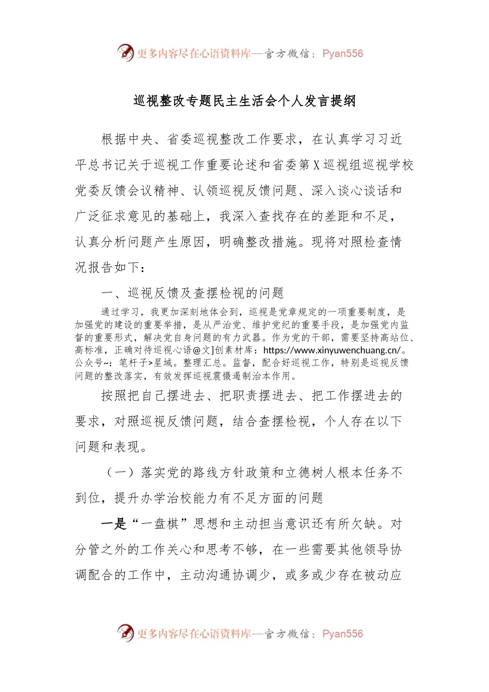 巡视整改专题民主生活会个人发言稿提纲.docx_第1页