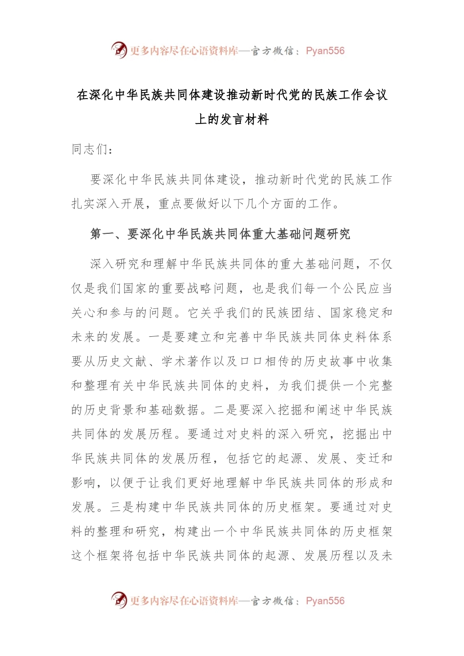 在深化中华民族共同体建设推动新时代党的民族工作会议上的发言材料.docx_第1页