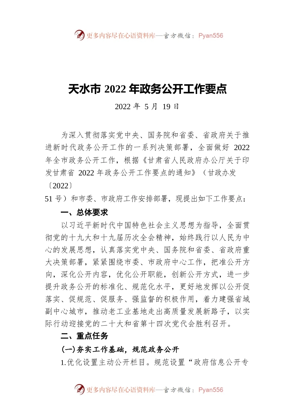 天水市2022年政务公开工作要点（20220519）.docx_第1页