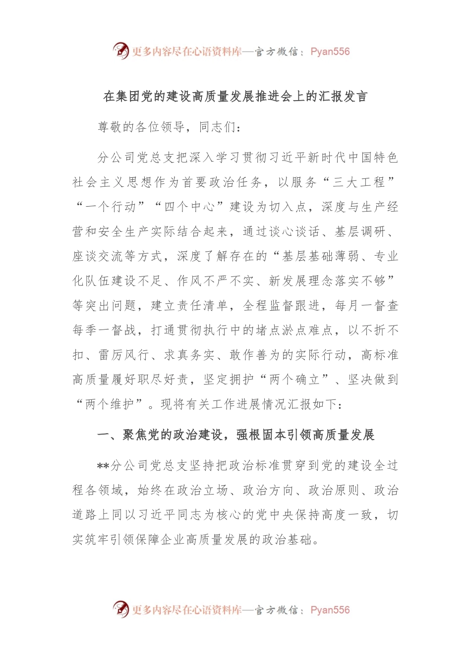 在集团党的建设高质量发展推进会上的汇报发言.docx_第1页