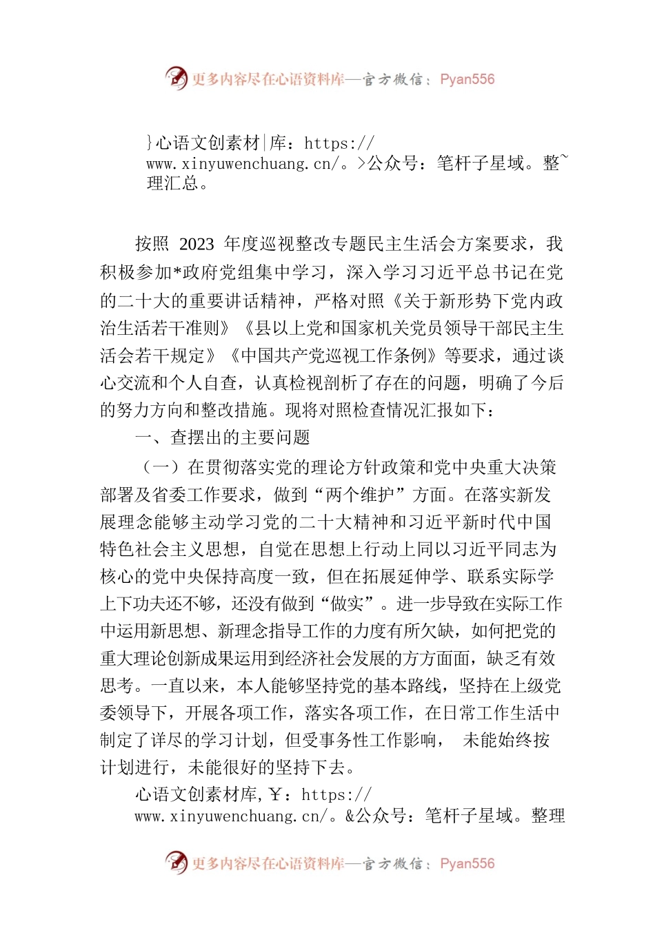 巡视整改民主生活会对照检查材料.docx_第1页