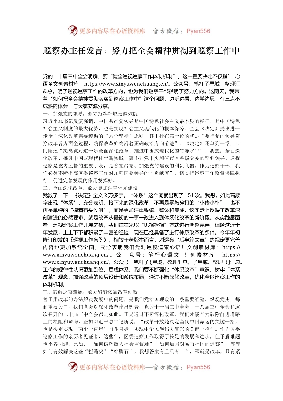 巡察办主任发言：努力把全会精神贯彻到巡察工作中.docx_第1页