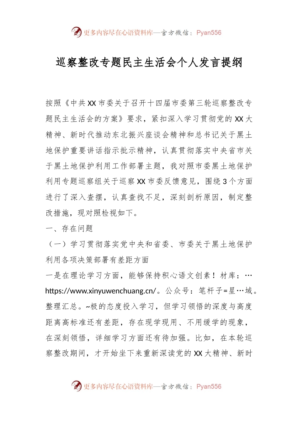 巡察整改专题民主生活会个人发言提纲.docx_第1页