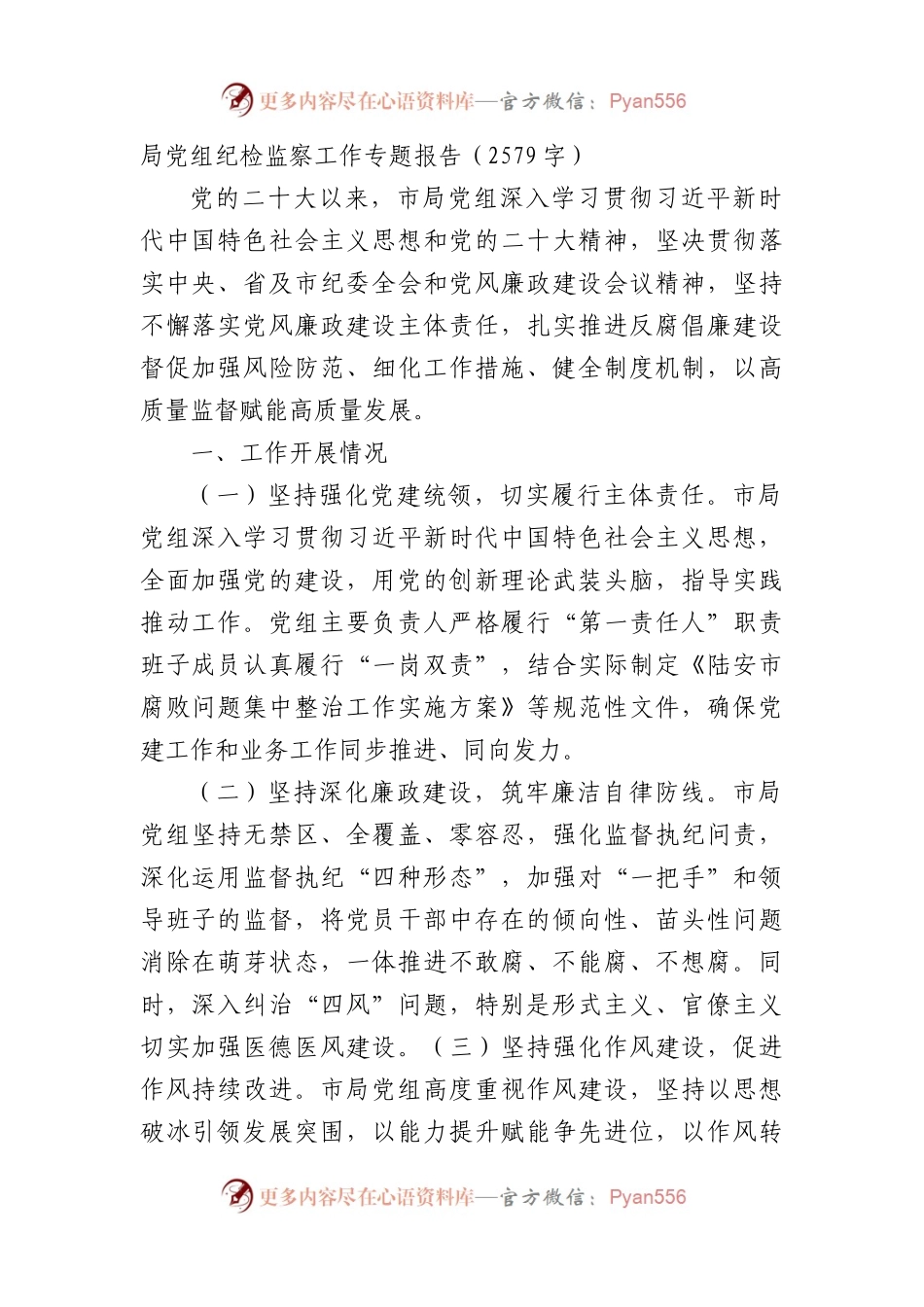 局党组纪检监察工作专题报告（2579字）.docx_第1页