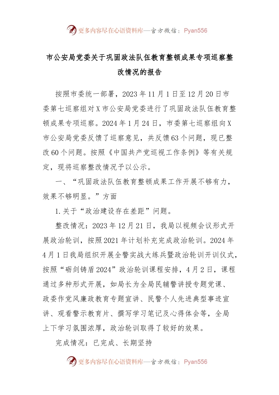 市公安局党委关于巩固政法队伍教育整顿成果专项巡察整改情况的报告.docx_第1页