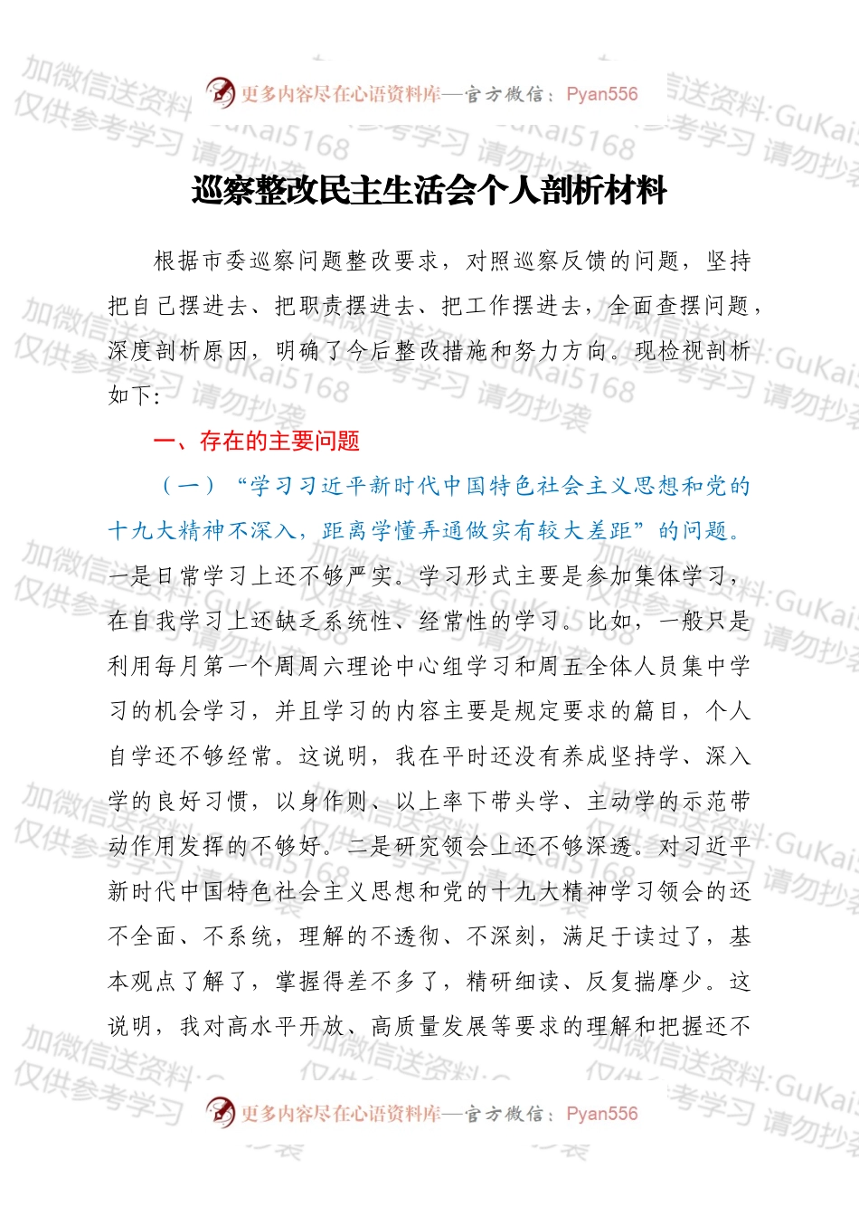 巡察整改民主生活会个人剖析材料.docx_第1页