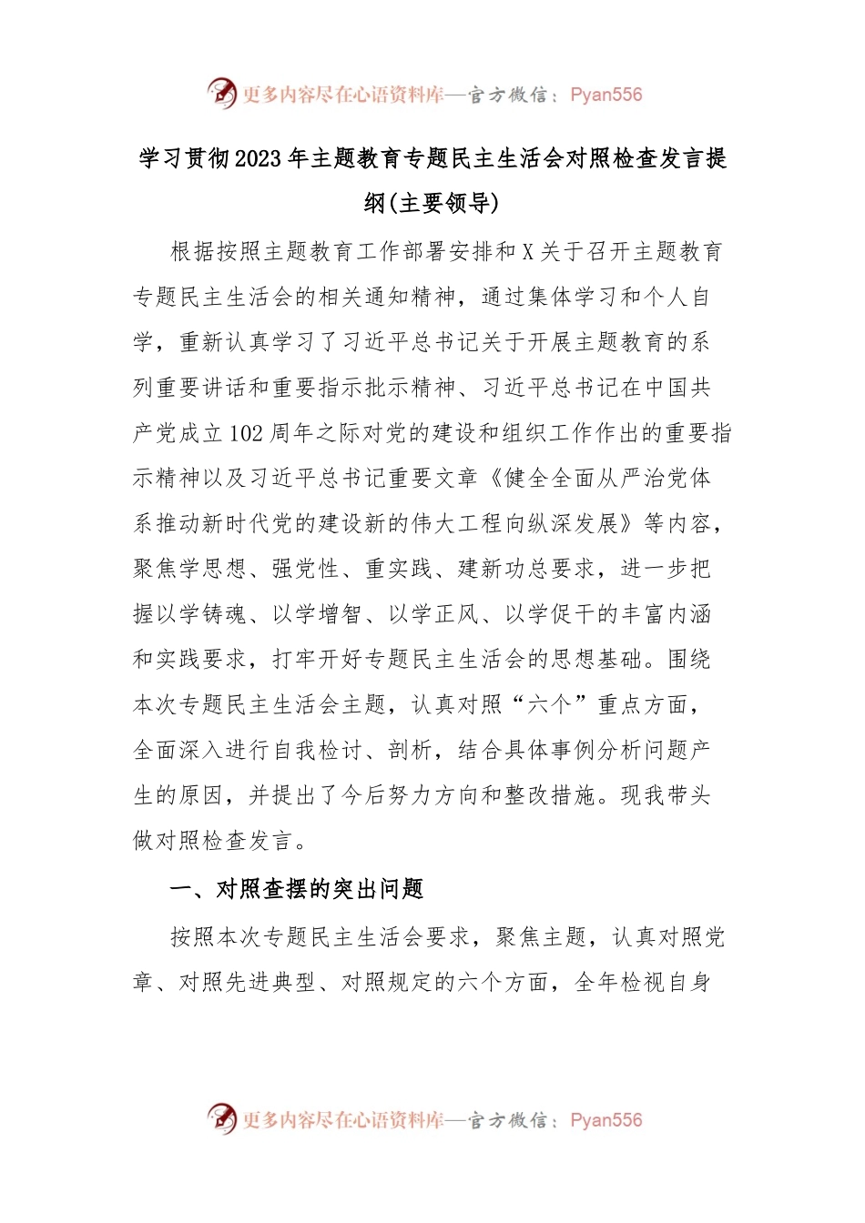 学习贯彻2023年主题教育专题民主生活会对照检查发言提纲(主要领导).docx_第1页