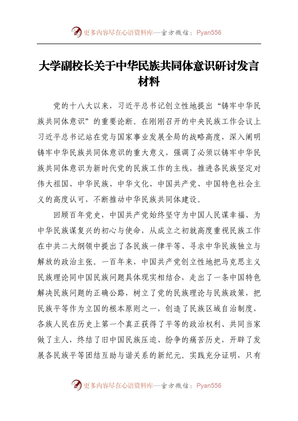 大学副校长关于中华民族共同体意识研讨发言材料.docx_第1页