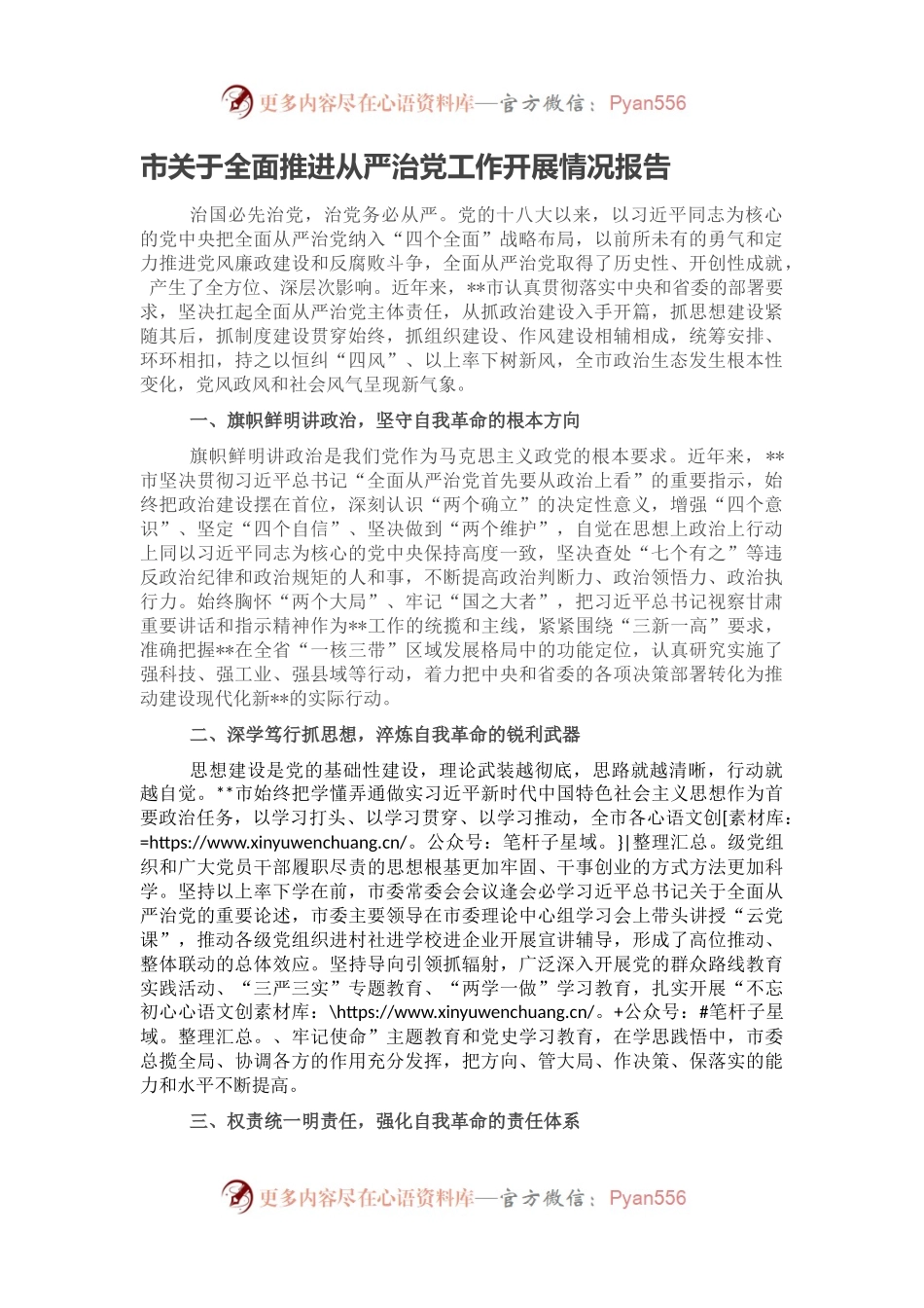市关于全面推进从严治党工作开展情况报告.docx_第1页