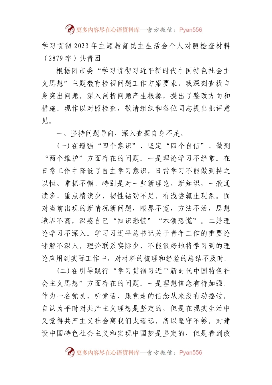学习贯彻2023年主题教育民主生活会个人对照检查材料（共青团.docx_第1页