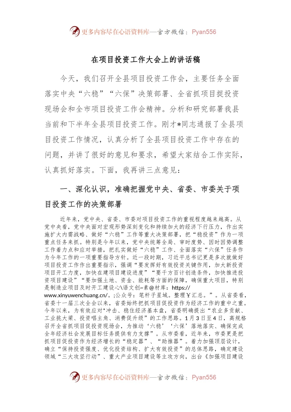 在项目投资工作大会上的讲话稿稿.docx_第1页