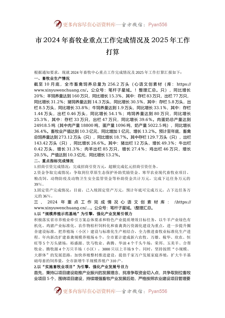 市2024年畜牧业重点工作完成情况及2025年工作打算.docx_第1页