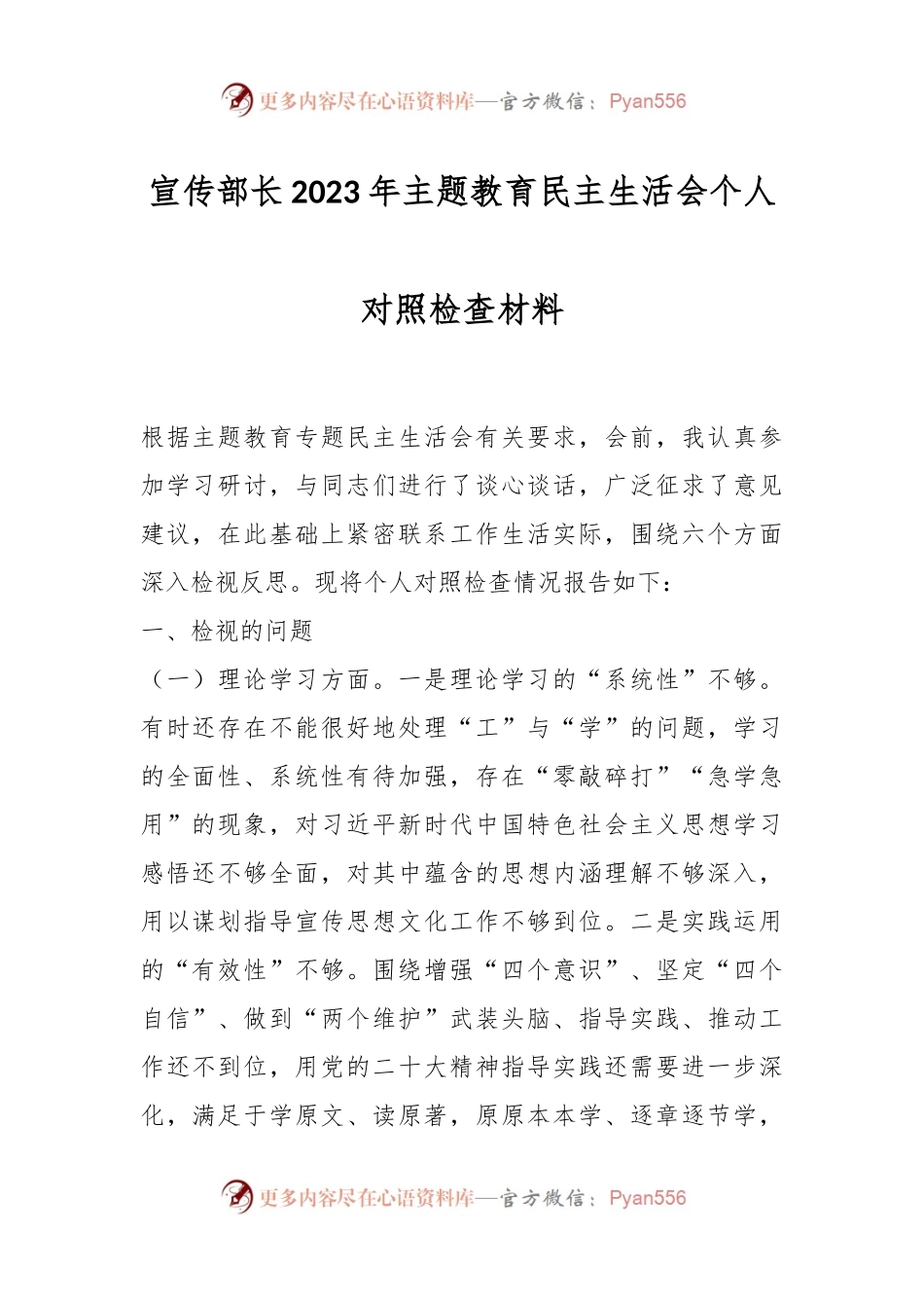 宣传部长2023年主题教育民主生活会个人对照检查材料.docx_第1页