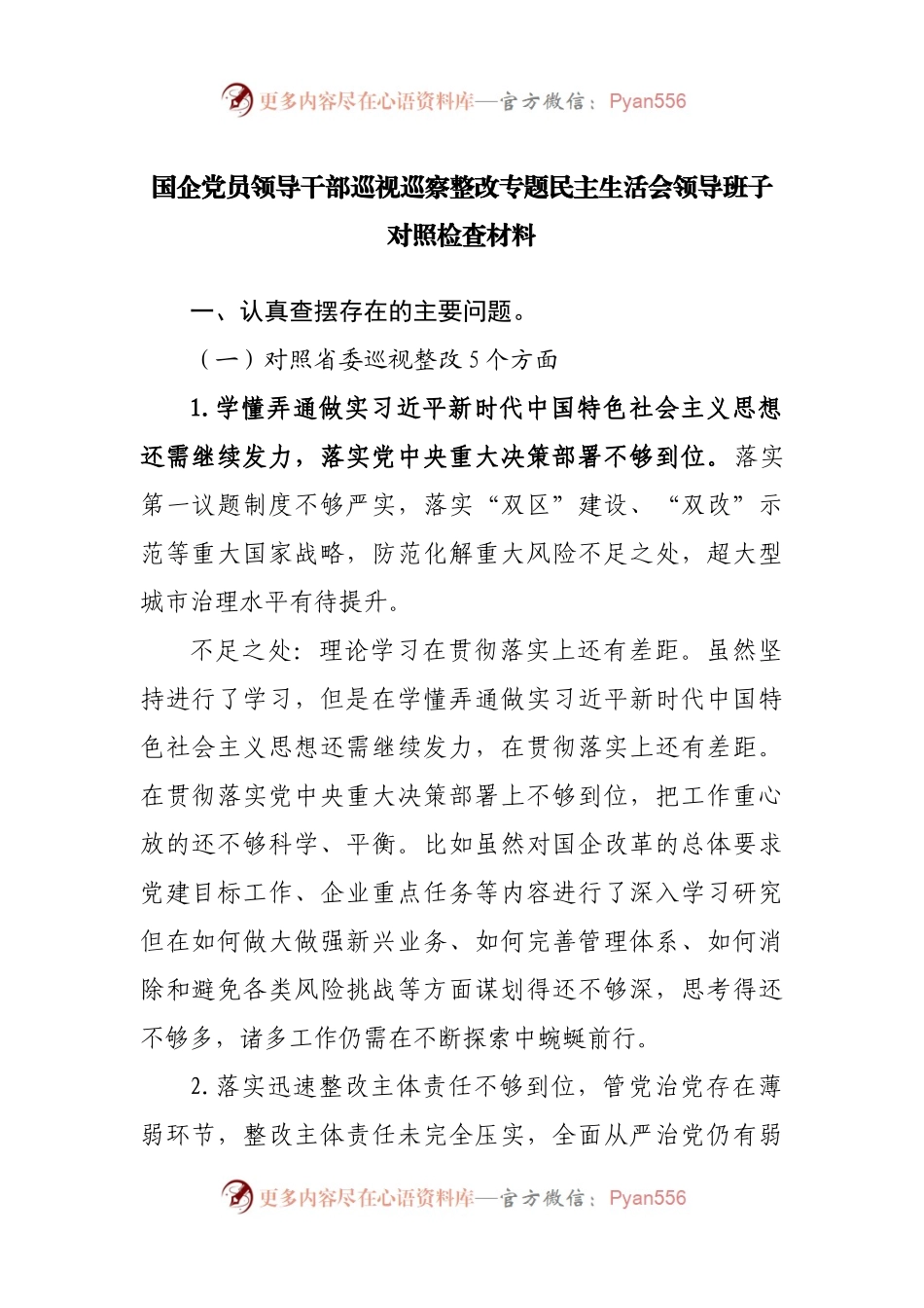 巡视巡察整改专题民主生活会领导班子对照检查材料.docx_第1页