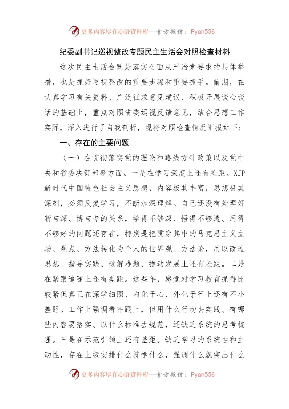 巡视整改专题民主生活会对照检查材料.docx_第1页
