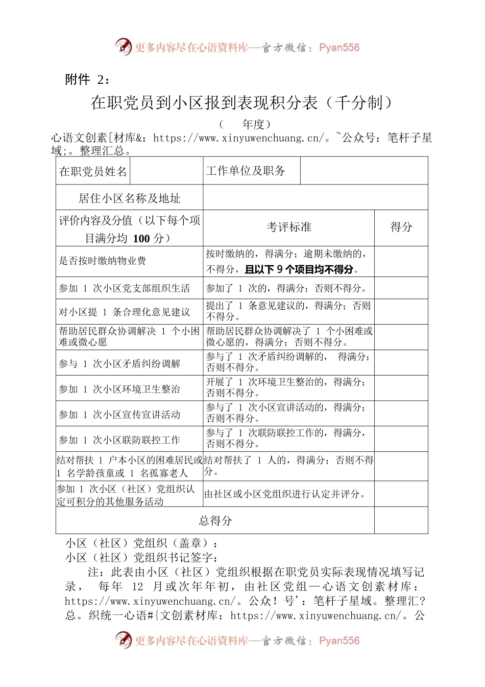 在职党员到小区报到表现积分表（千分制）.docx_第1页