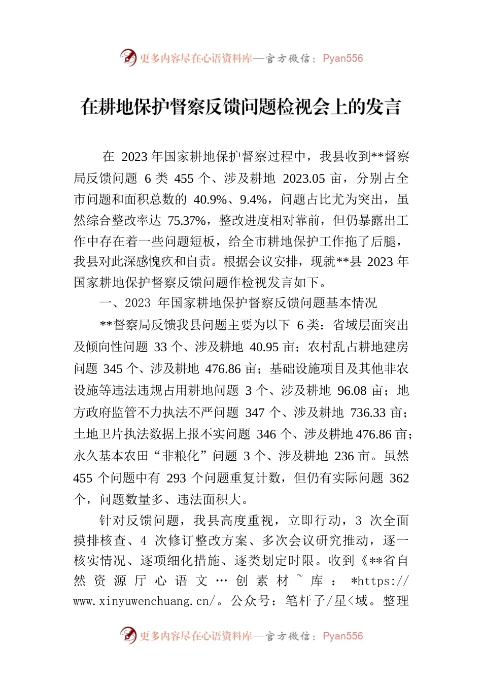 在耕地保护督察反馈问题检视会上的发言.docx_第1页