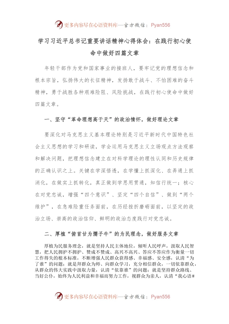 学习总书记重要讲话精神心得体会：在践行初心使命中做好四篇文章.docx_第1页