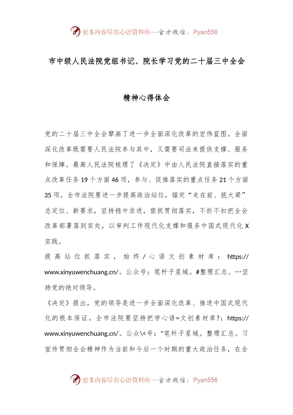 市中级人民法院党组书记、院长学习党的二十届三中全会精神心得体会.docx_第1页