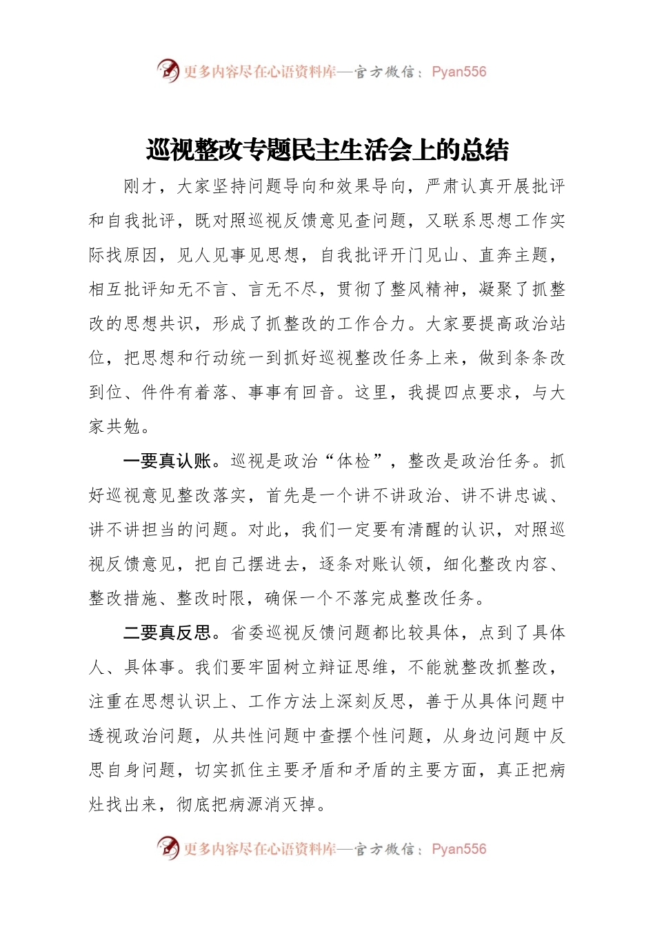 巡视整改专题民主生活会上的总结.docx_第1页
